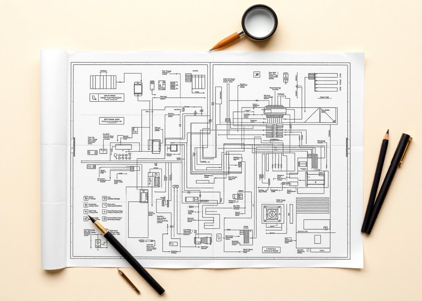 System architecture blueprint laid out on a desk with pencils and a magnifier