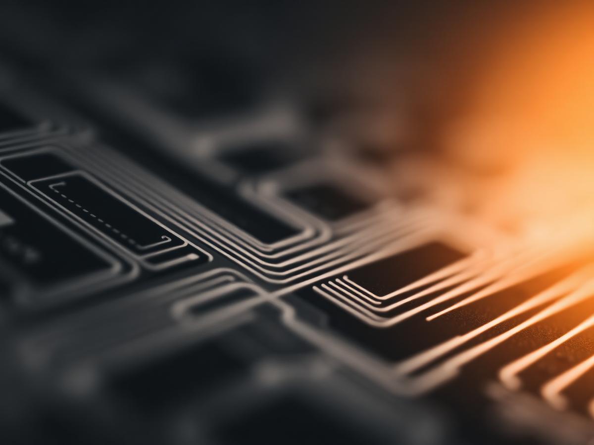 Macro photograph of circuit board traces lit by warm side light