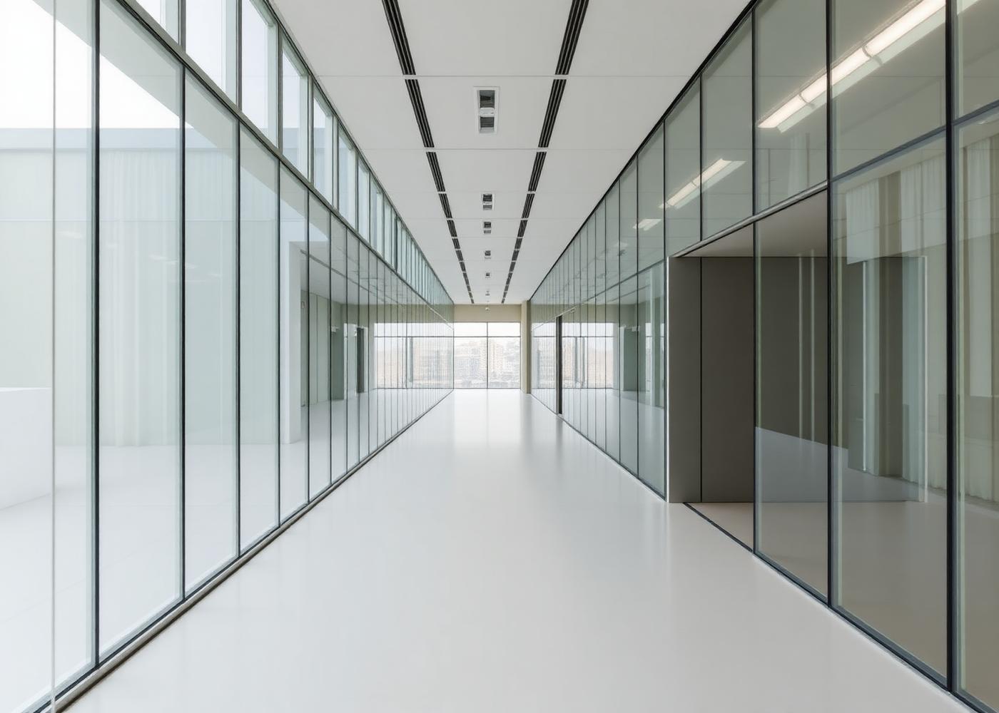 Minimalist glass office corridor with even natural light